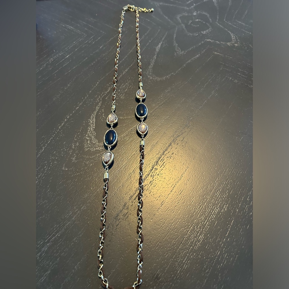 Chico’s long brown suede and gold link chain necklace with navy and pink beads